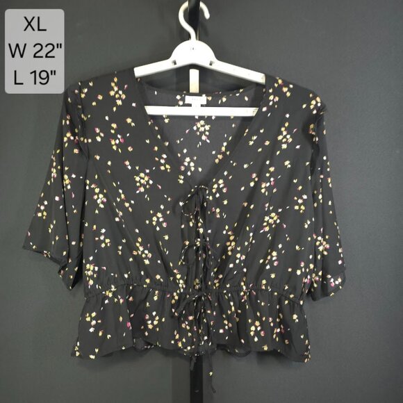 ANA A New Approach Blouse Womens XL Black Floral Boho Peplum Tie Front Cropped T - Picture 1 of 5